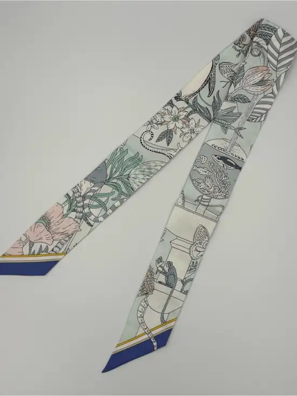 Herms Twilly Silk Scarf Tropical Animal Floral Print Ribbon